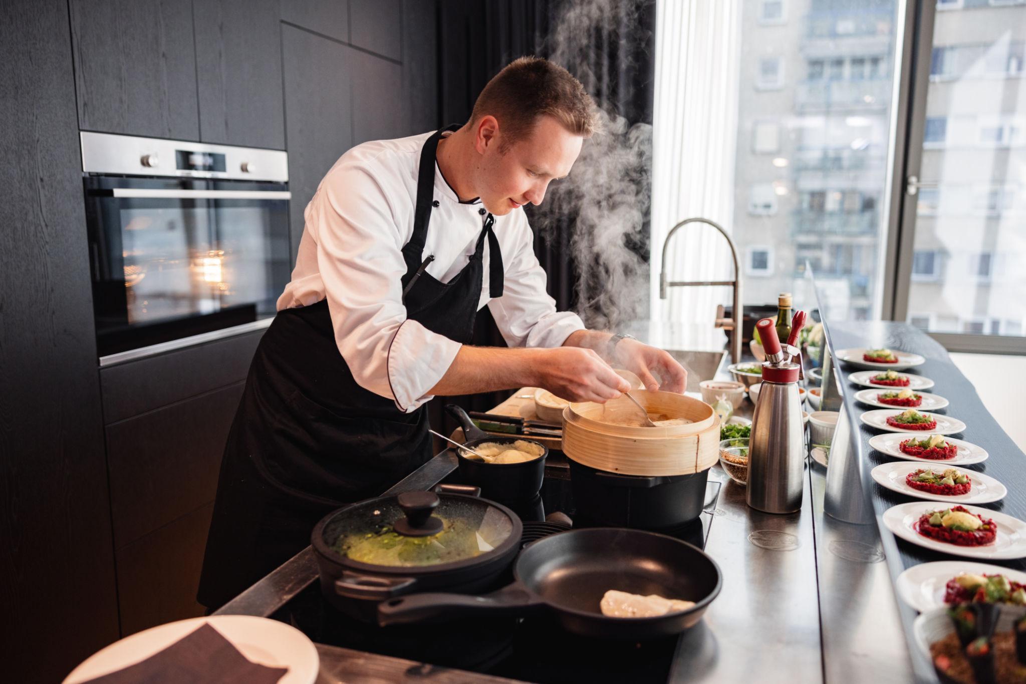 Chef cooking for family